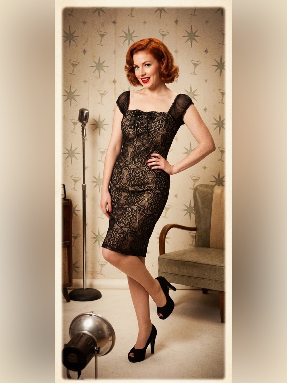 Lindy Bop Black Lace Corset Sheath Slip Dress, Size 10, EUC
